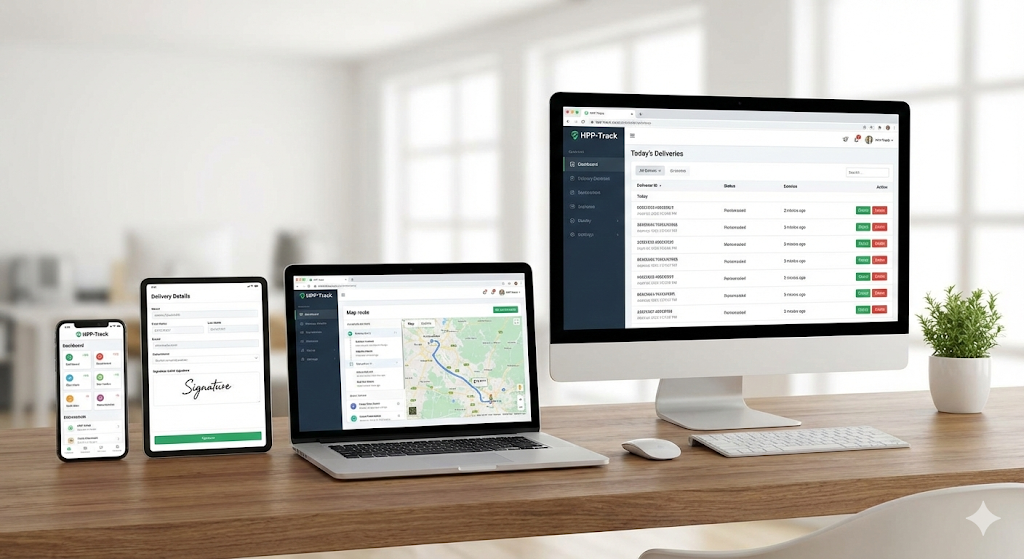HPP-Track delivery management software running on smartphone, tablet and desktop computer