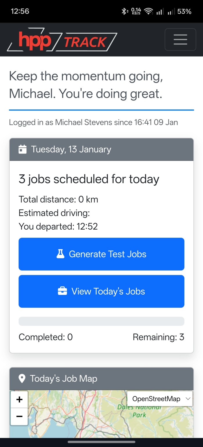 HPP-Track delivery driver app showing daily job list with customer details