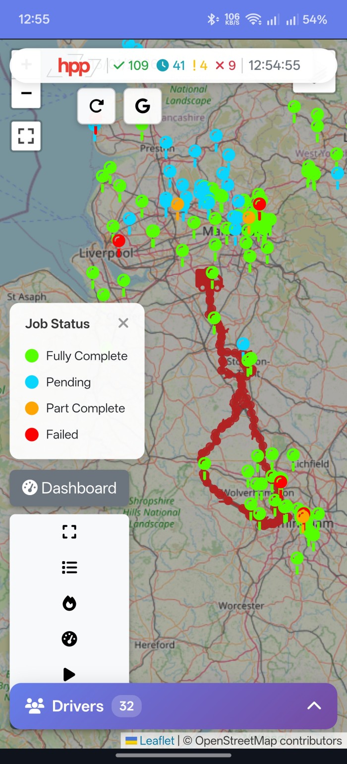 HPP-Track job details screen with delivery address and navigation
