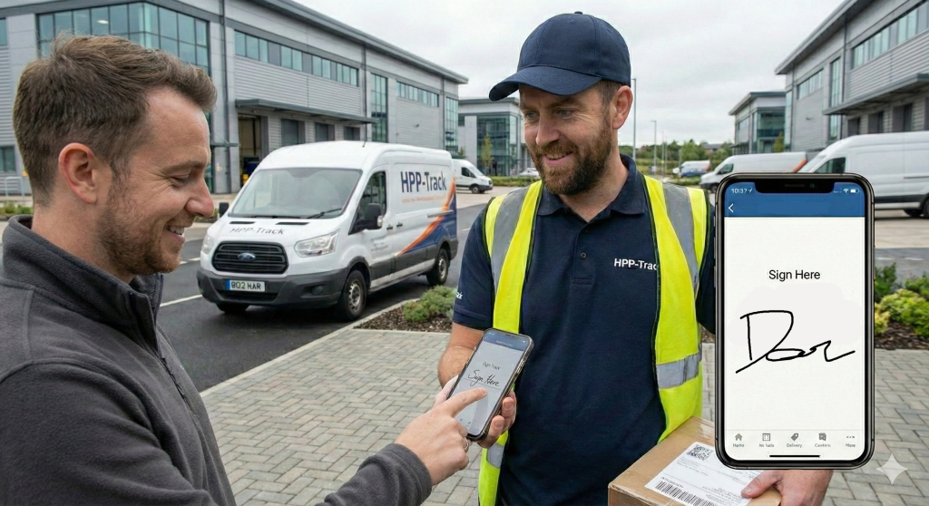 Customer signing for delivery on HPP-Track electronic proof of delivery app