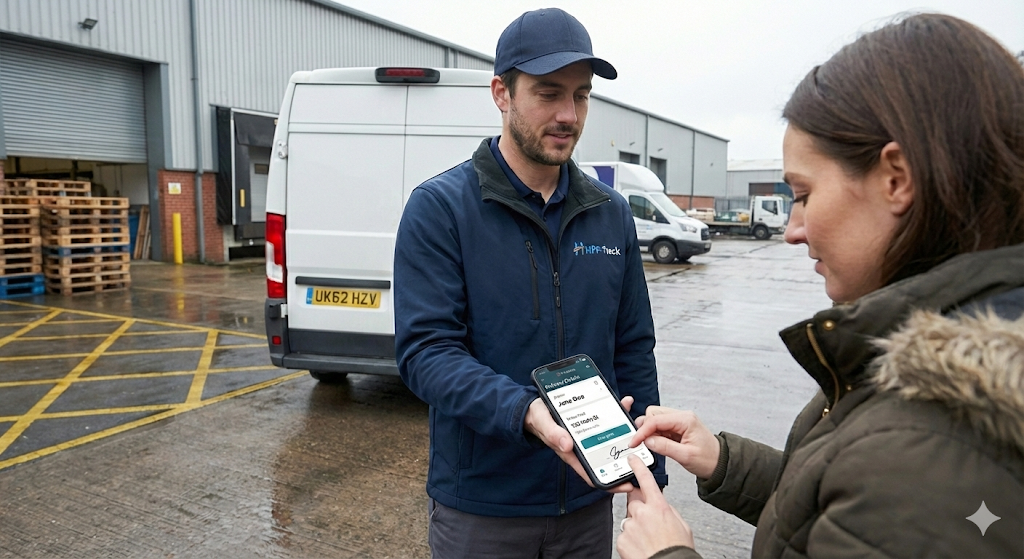 HPP-Track digital proof of delivery app showing signature capture screen